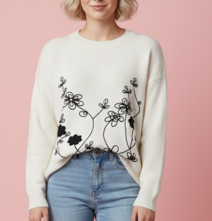 Jersey blanco bordado floral