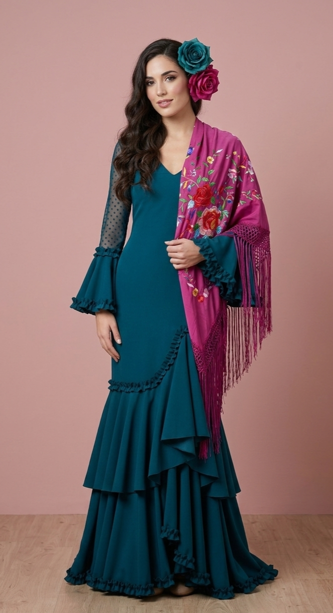 Vestido flamenca plumetti azul pavo