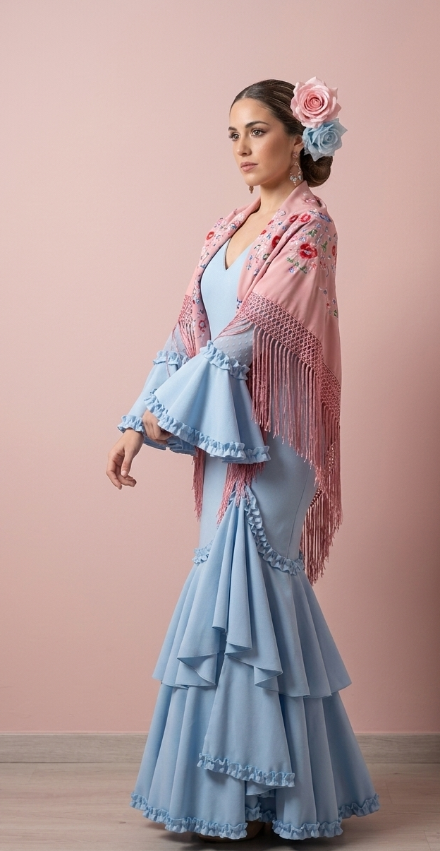 Vestido flamenca plumetti celeste