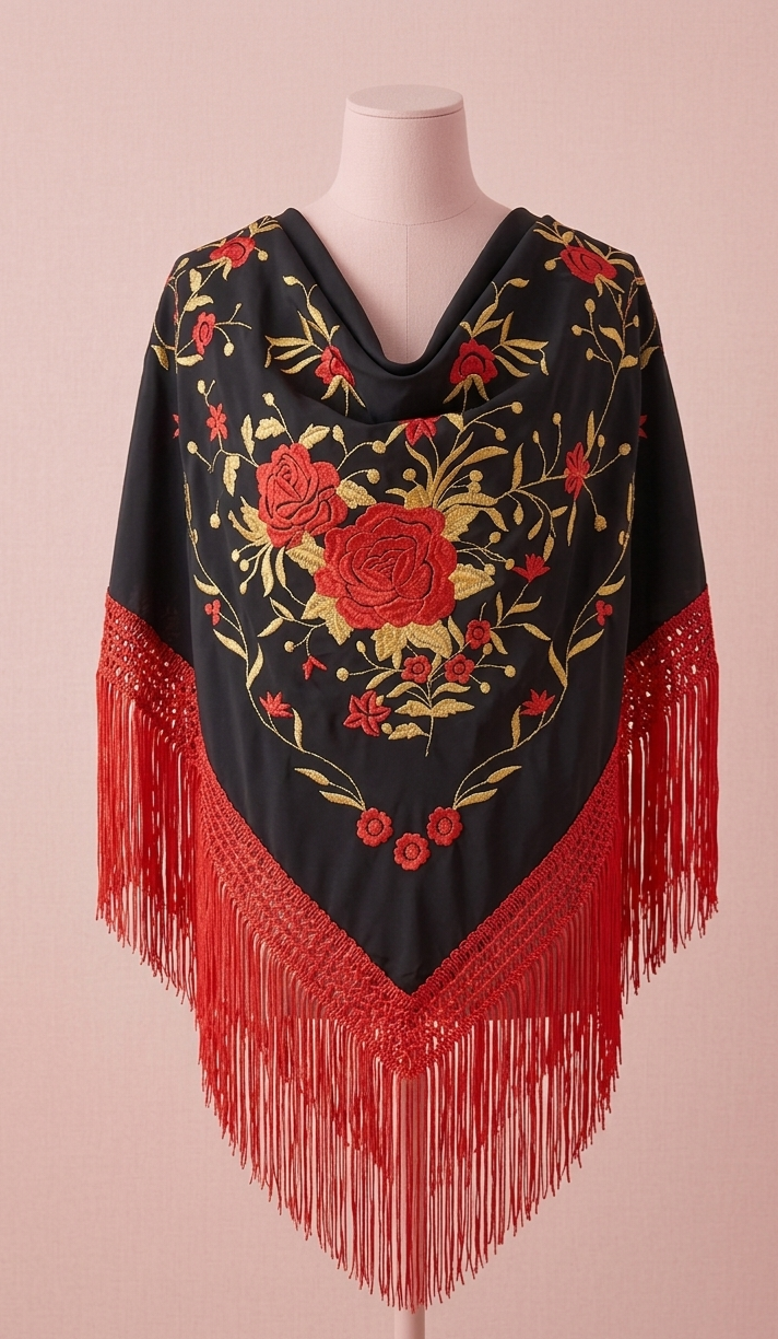 Mantoncillo bordado negro y rojo