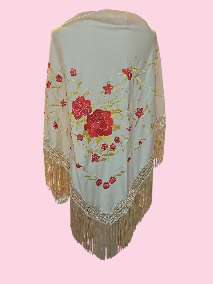 Mantoncillo bordado beige flores rojas