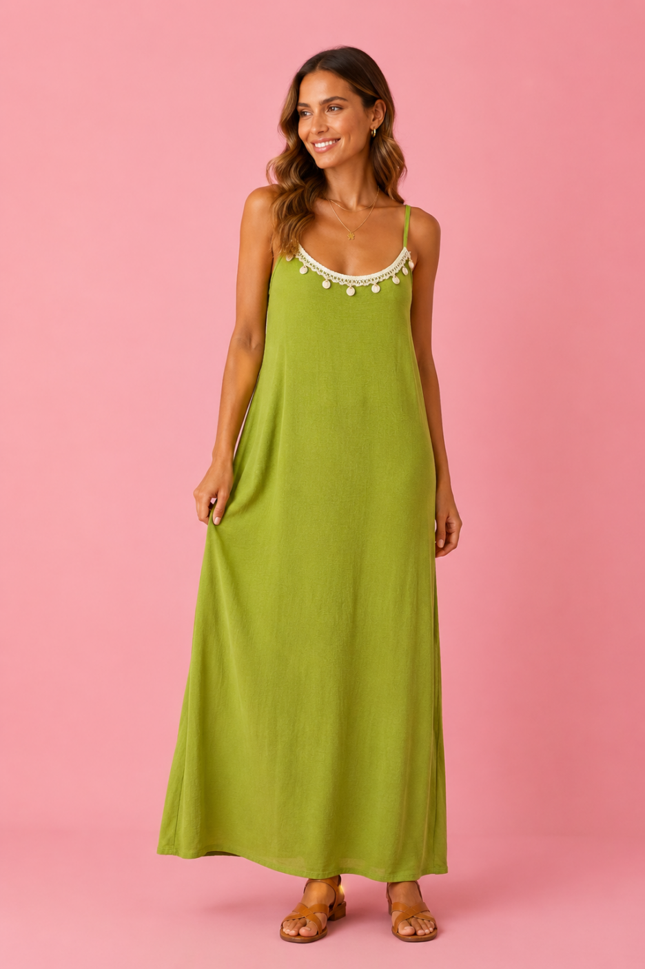 Vestido largo conchas pistacho